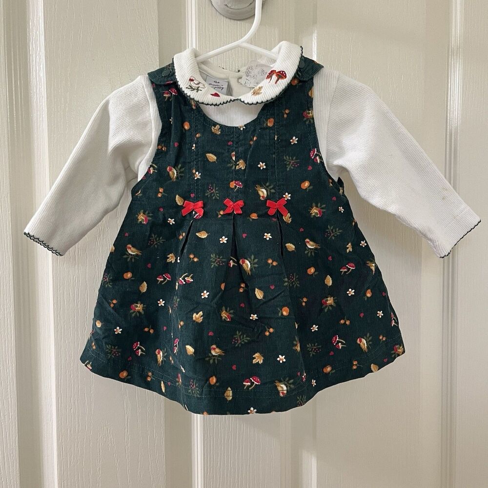 Vintage The Mayfair Company Green Woodland Corduroy Dress Bodysuit Set 6-9 Mos
